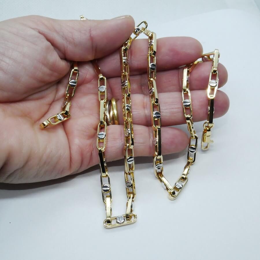 Cadena de oro amarillo y blanco 18 quilates, eslabón rectangular 60 cm – Joyería masculina premium - Imagen 3