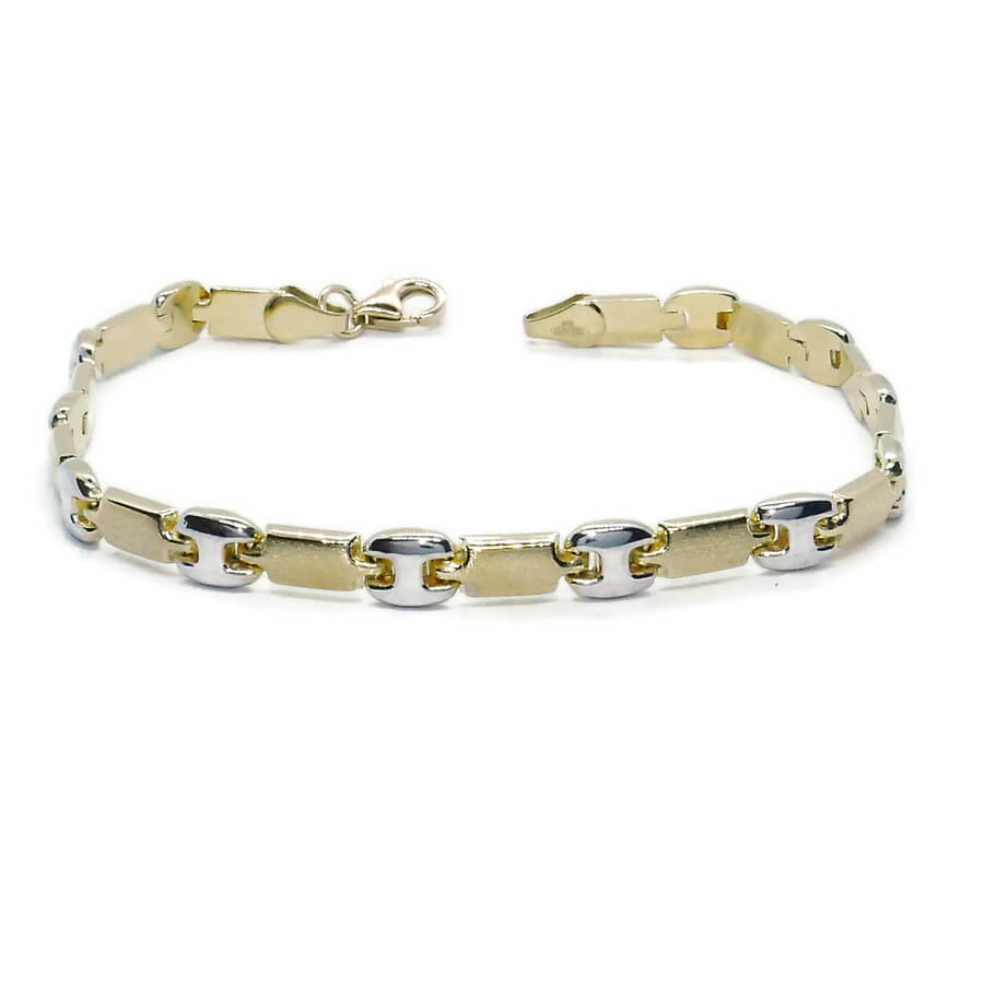Pulsera bicolor de oro de 18k para mujer, calabrote en oro blanco y cierre mosquetón