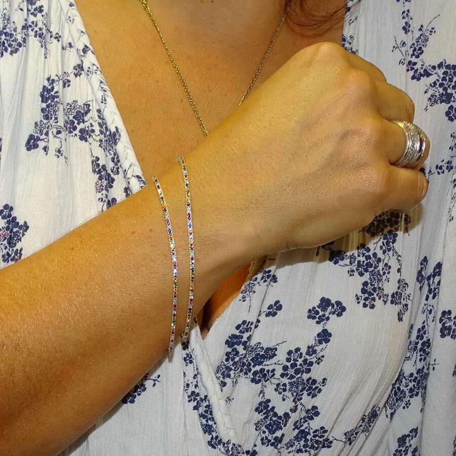 Pulsera de oro amarillo 18k con circonitas multicolor cierre seguridad mujer elegante - Imagen 6