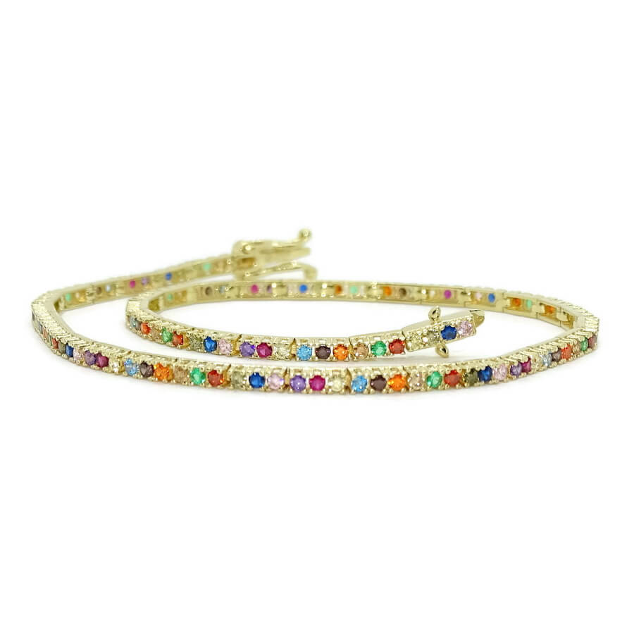 Pulsera de oro amarillo 18k con circonitas multicolor cierre seguridad mujer elegante