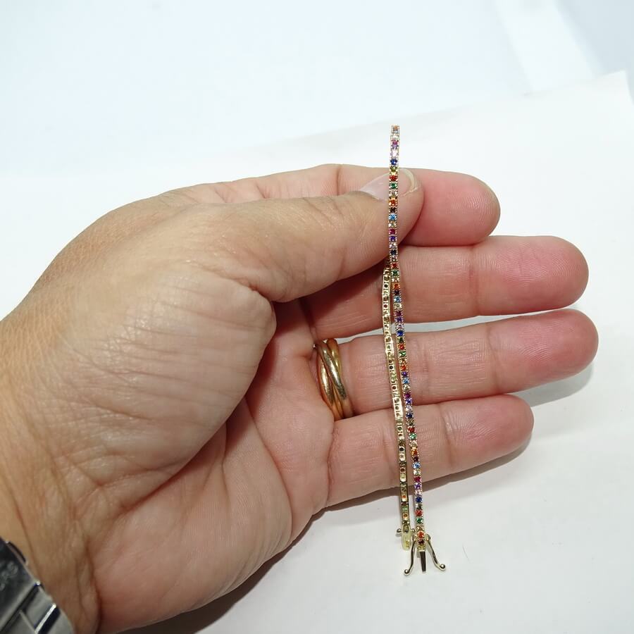 Pulsera de oro amarillo 18k con circonitas multicolor cierre seguridad mujer elegante - Imagen 3