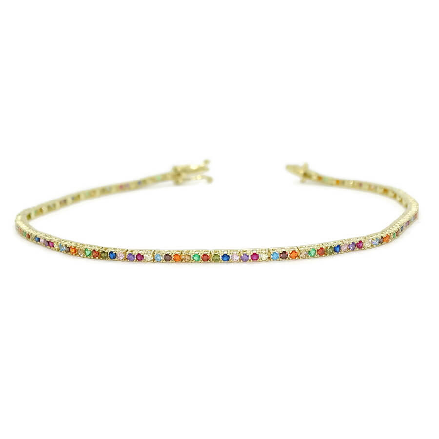 Pulsera de oro amarillo 18k con circonitas multicolor cierre seguridad mujer elegante - Imagen 4