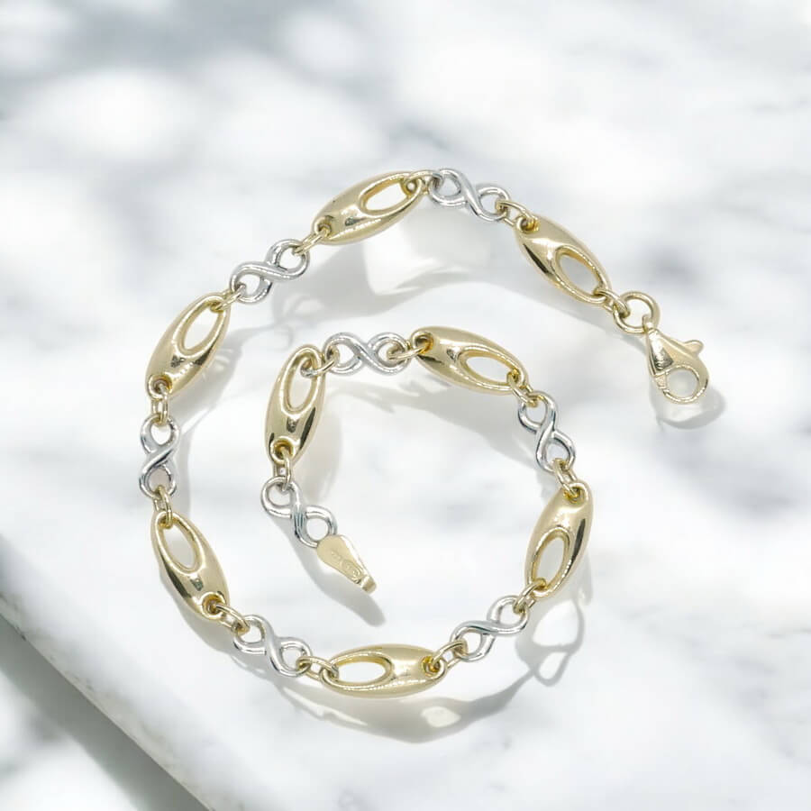 Pulsera oro 18k mujer bicolor infinito elegante eslabones ovalados 19 cm - Imagen 7