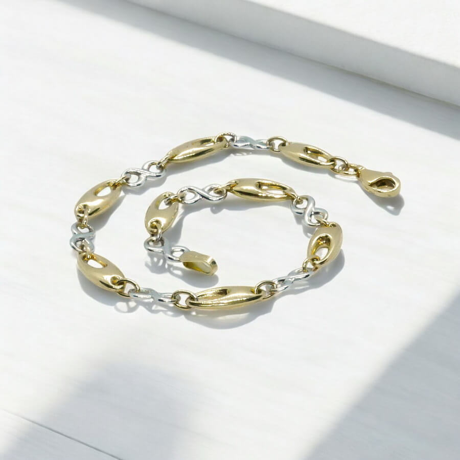Pulsera oro 18k mujer bicolor infinito elegante eslabones ovalados 19 cm - Imagen 6