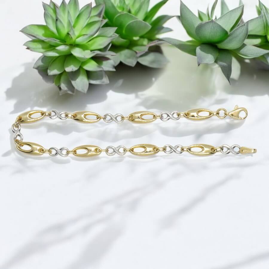 Pulsera oro 18k mujer bicolor infinito elegante eslabones ovalados 19 cm - Imagen 8