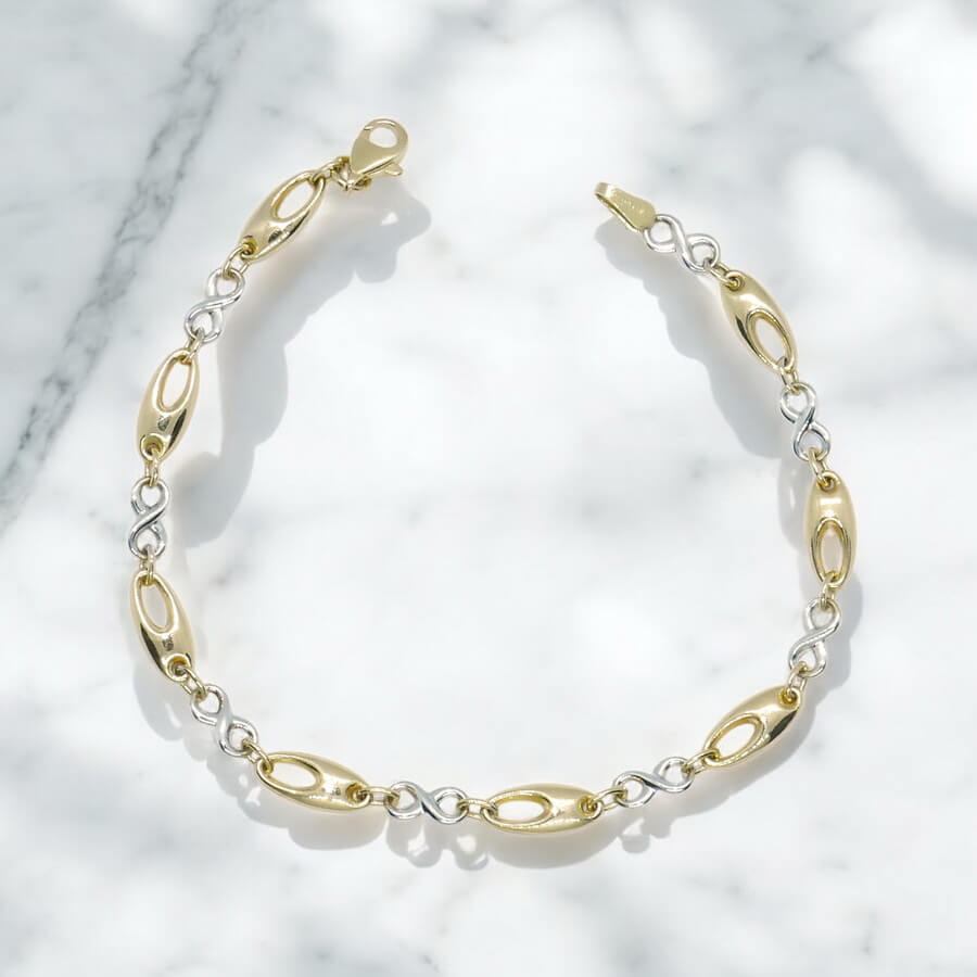 Pulsera oro 18k mujer bicolor infinito elegante eslabones ovalados 19 cm - Imagen 4