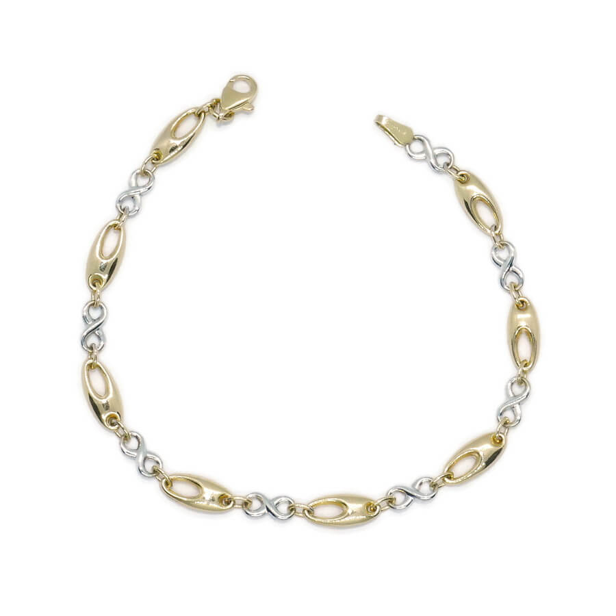 Pulsera oro 18k mujer bicolor infinito elegante eslabones ovalados 19 cm