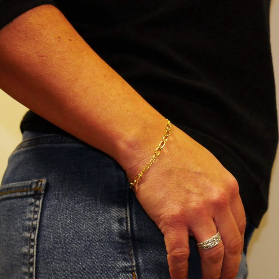Pulsera de oro amarillo 18k doble cadena diseño original 19 cm regalo mujer elegante - Imagen 2