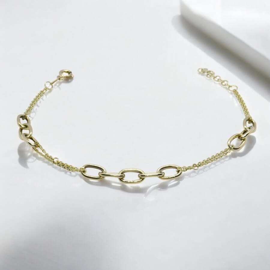 Pulsera de oro amarillo 18k doble cadena diseño original 19 cm regalo mujer elegante - Imagen 5