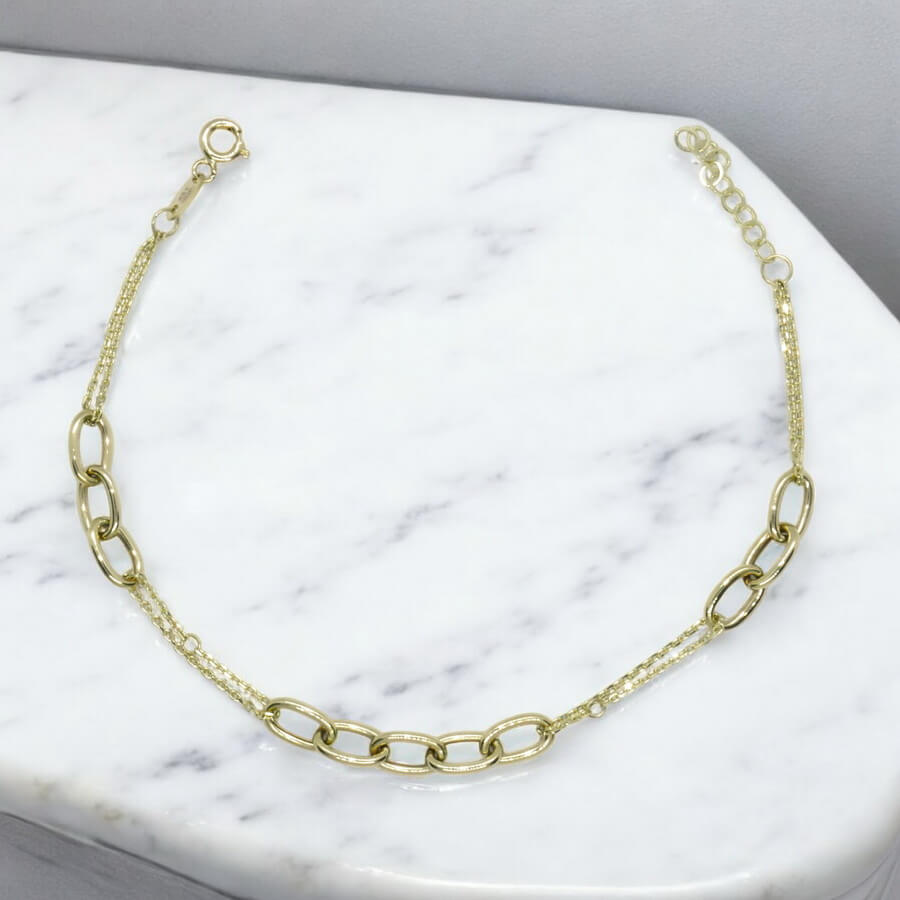Pulsera de oro amarillo 18k doble cadena diseño original 19 cm regalo mujer elegante - Imagen 4