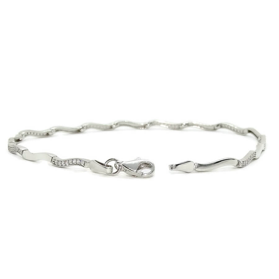 Pulsera oro blanco 18k mujer ondas semi rígida circonitas elegante 19 cm - Imagen 5