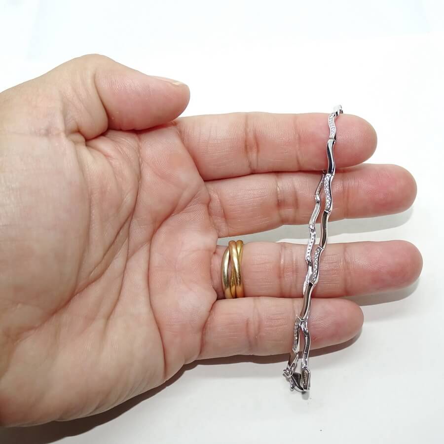 Pulsera oro blanco 18k mujer ondas semi rígida circonitas elegante 19 cm - Imagen 3