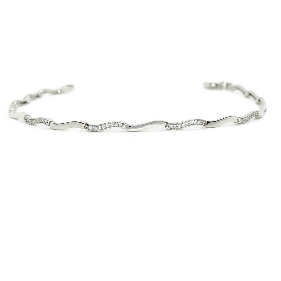 Pulsera oro blanco 18k mujer ondas semi rígida circonitas elegante 19 cm - Imagen 4