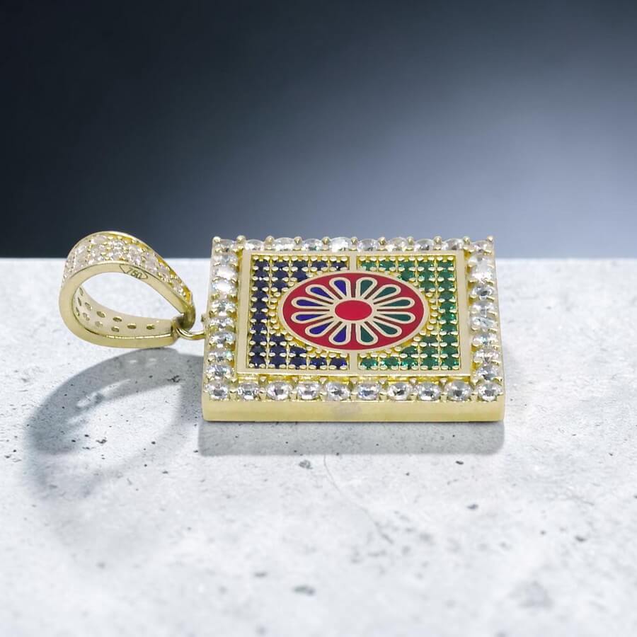 Colgante Oro 18k Mosaico Multicolor con Circonitas | Colgante Cuadrado Oro Amarillo 18 Quilates 7,55g - Imagen 4