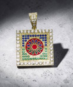 Colgante Oro 18k Mosaico Multicolor con Circonitas | Colgante Cuadrado Oro Amarillo 18 Quilates 7,55g