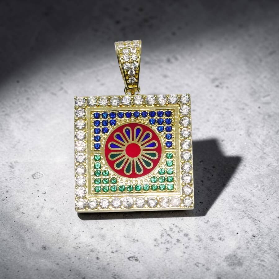 Colgante Oro 18k Mosaico Multicolor con Circonitas | Colgante Cuadrado Oro Amarillo 18 Quilates 7,55g