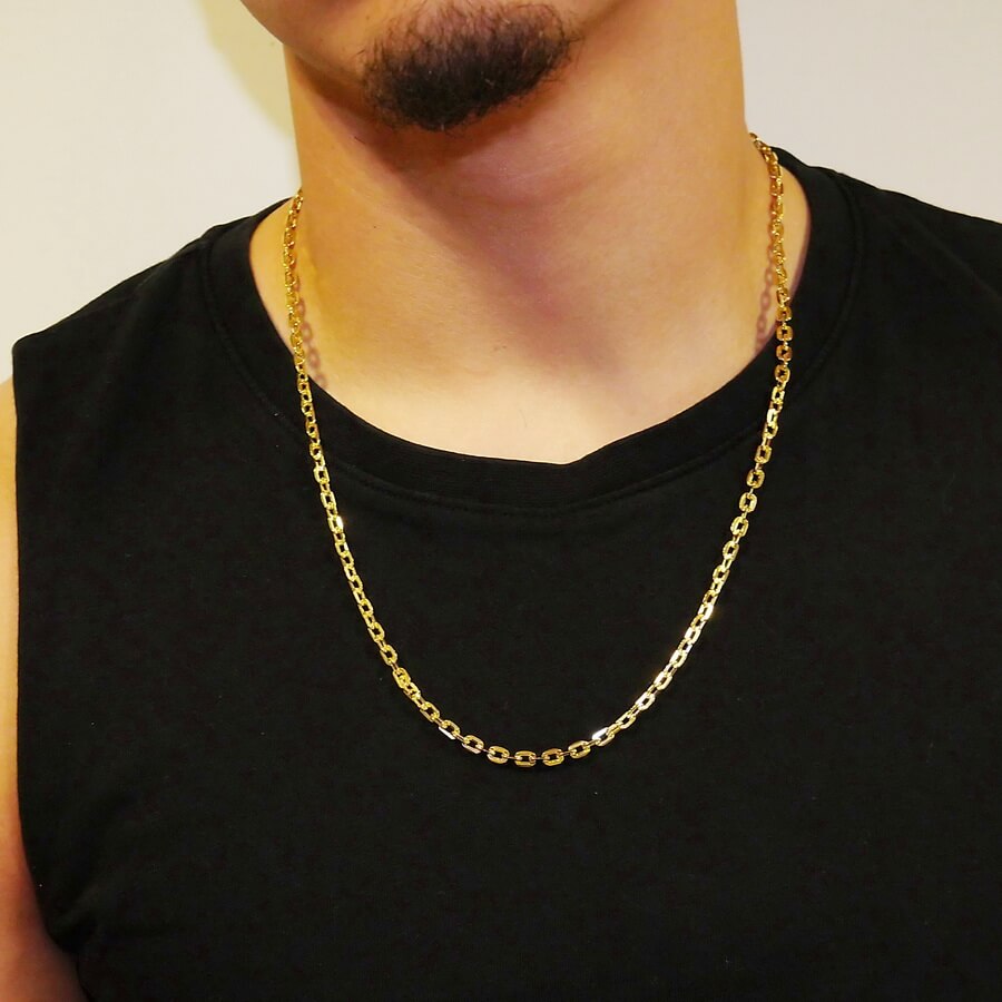 Cadena de oro amarillo de 18k para hombre con eslabones cuadrados planos de 4 mm y 60 cm de largo. Elegante, brillante y versátil - Imagen 3