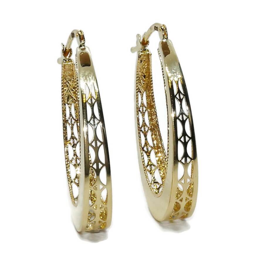 Pendientes Aro Oval Oro 18K Mujer | Aros Ovalados Calados 32 x 21 mm | 5 mm Ancho | Cierre Click | Oro Amarillo 750 | 4,00 g
