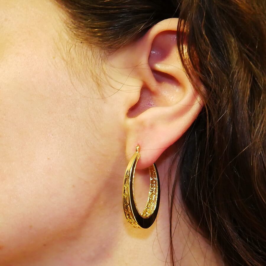 Pendientes Aro Oval Oro 18K Mujer | Aros Ovalados Calados 32 x 21 mm | 5 mm Ancho | Cierre Click | Oro Amarillo 750 | 4,00 g - Imagen 2