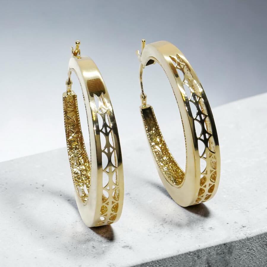 Pendientes Aro Oro 18K Mujer | Aros Calados 34 mm x 5 mm | Cierre Click | Oro Amarillo 750 | 6,50 g | Aros Grandes Elegantes - Imagen 9
