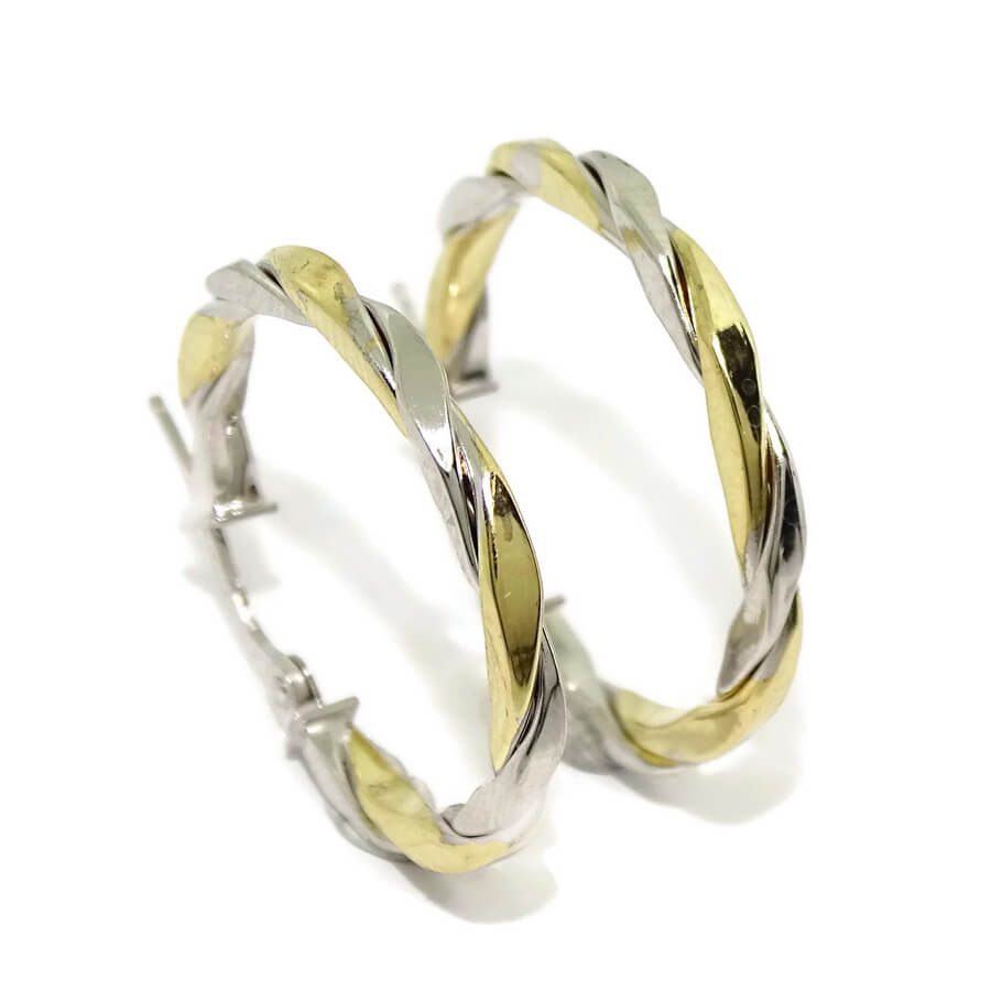 Pendientes Aro Bicolor Mujer Oro Amarillo y Blanco 18K | 25 mm | Tubo Cuadrado 2,5 mm | 2,00 g | Aros Elegantes y Modernos con Cierre Seguro