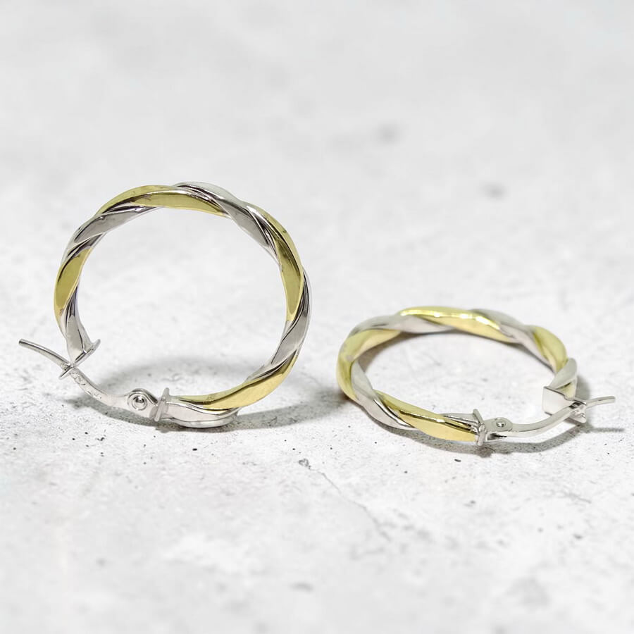 Pendientes Aro Bicolor Mujer Oro Amarillo y Blanco 18K | 25 mm | Tubo Cuadrado 2,5 mm | 2,00 g | Aros Elegantes y Modernos con Cierre Seguro - Imagen 7
