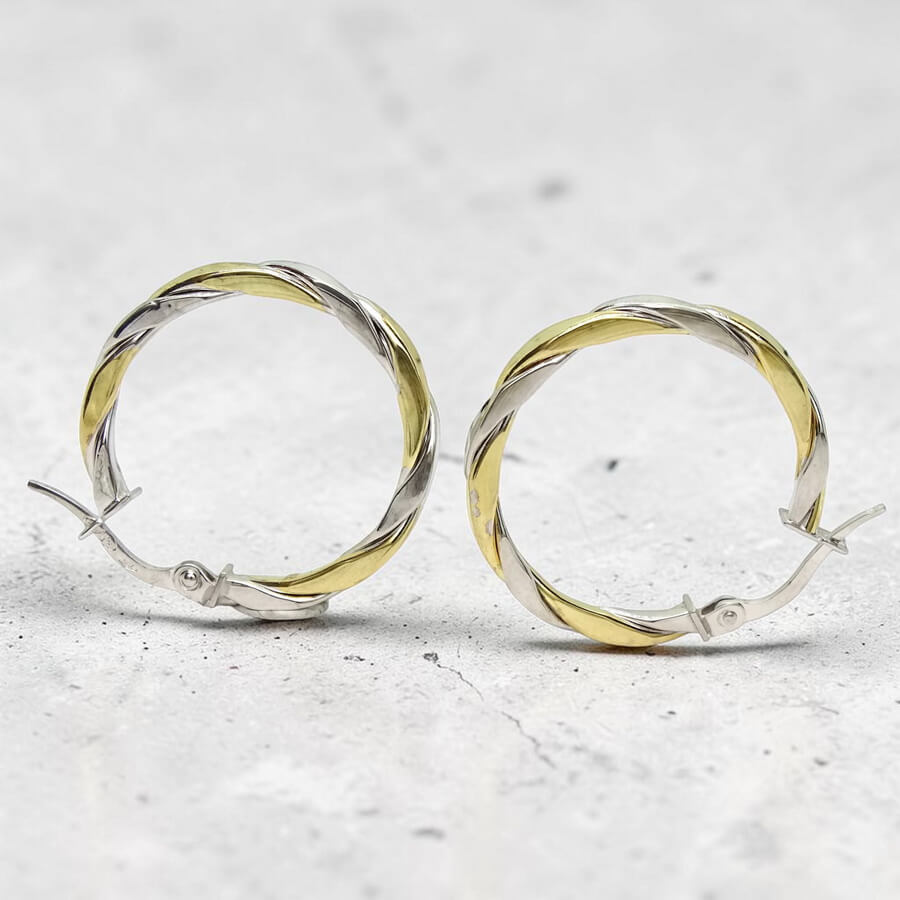 Pendientes Aro Bicolor Mujer Oro Amarillo y Blanco 18K | 25 mm | Tubo Cuadrado 2,5 mm | 2,00 g | Aros Elegantes y Modernos con Cierre Seguro - Imagen 8