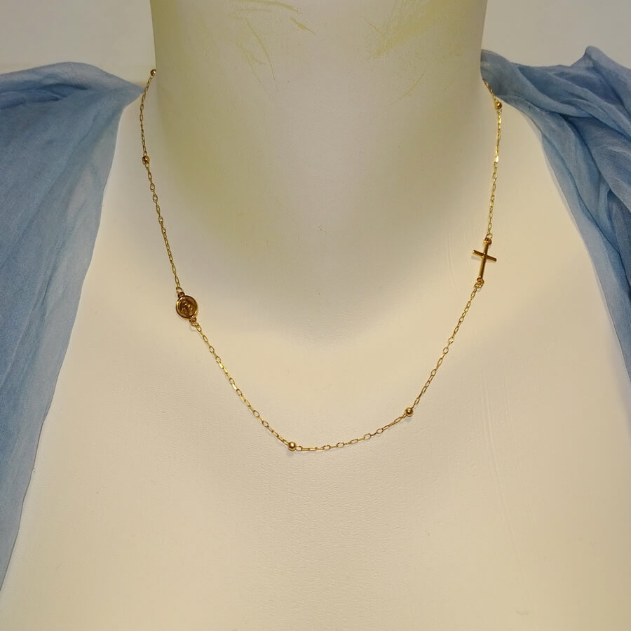 Collar Rosario Oro Amarillo 18K Mujer Niña 45 cm con Virgen Cruz y Bolas Oro, Cadena Comunión, Joya Religiosa, 2,75 g - Imagen 2