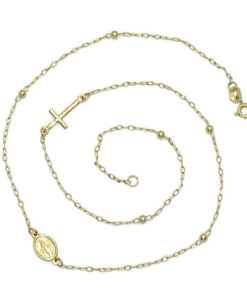 Collar Rosario Oro Amarillo 18K Mujer Niña 45 cm con Virgen Cruz y Bolas Oro, Cadena Comunión, Joya Religiosa, 2,75 g