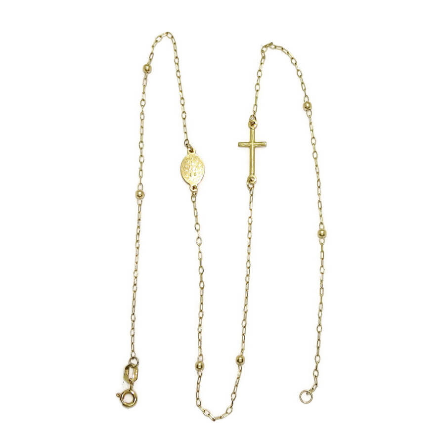 Collar Rosario Oro Amarillo 18K Mujer Niña 45 cm con Virgen Cruz y Bolas Oro, Cadena Comunión, Joya Religiosa, 2,75 g - Imagen 6
