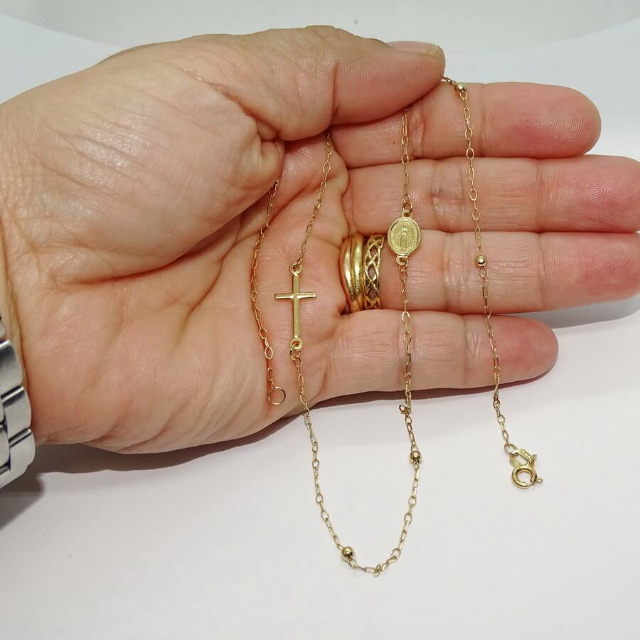 Collar Rosario Oro Amarillo 18K Mujer Niña 45 cm con Virgen Cruz y Bolas Oro, Cadena Comunión, Joya Religiosa, 2,75 g - Imagen 3