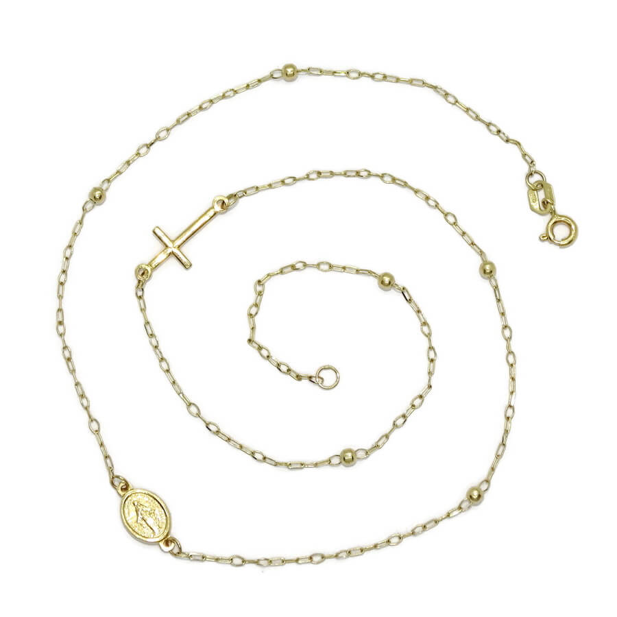 Collar Rosario Oro Amarillo 18K Mujer Niña 45 cm con Virgen Cruz y Bolas Oro, Cadena Comunión, Joya Religiosa, 2,75 g