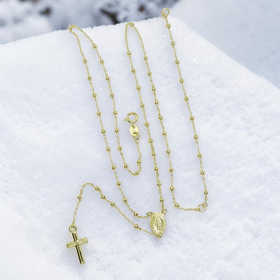 Rosario de Oro Amarillo 18K de 45 cm – 57 Bolas de 2 mm – Virgen y Cruz – 2,85 g – Primera Comunión - Imagen 8