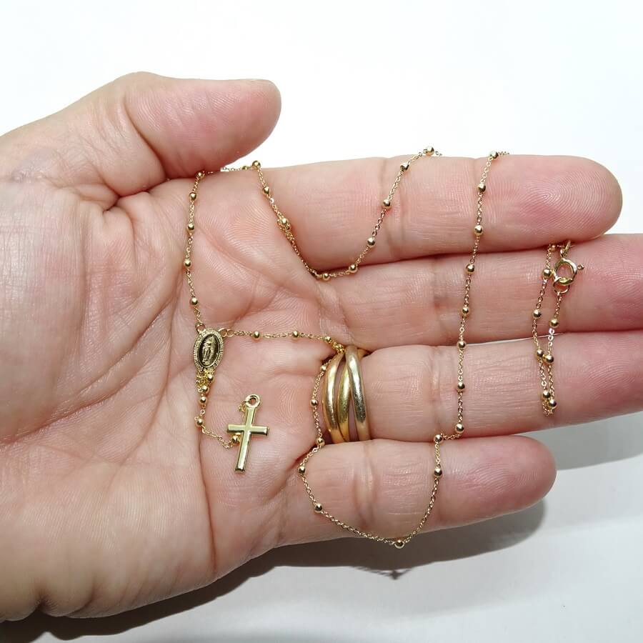 Rosario de Oro Amarillo 18K de 45 cm – 57 Bolas de 2 mm – Virgen y Cruz – 2,85 g – Primera Comunión - Imagen 2