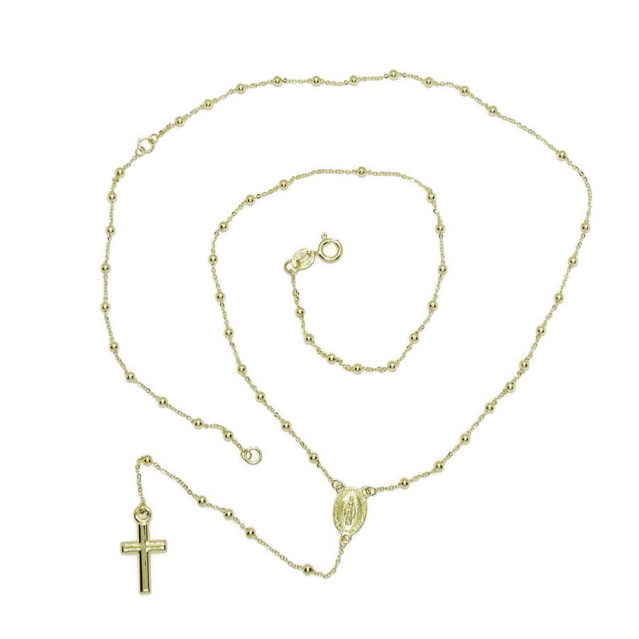 Rosario de Oro Amarillo 18K de 45 cm – 57 Bolas de 2 mm – Virgen y Cruz – 2,85 g – Primera Comunión