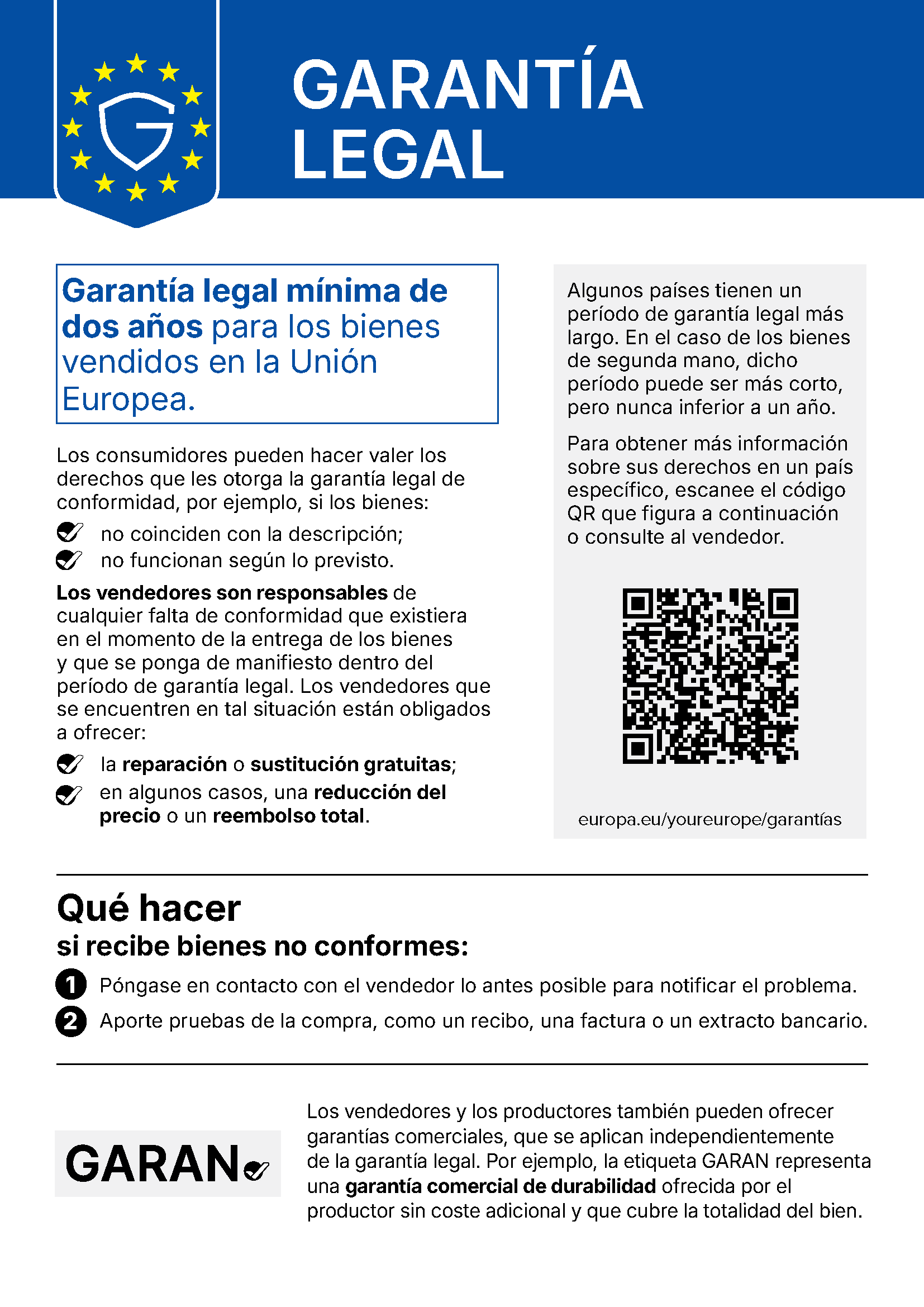Aviso armonizado de la Unión Europea sobre la garantía legal de conformidad