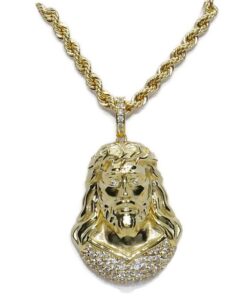 Cabeza de Cristo Oro 18k con Cordón Salomónico Oro 18k 60 cm | Colgante Religioso Oro 750 con Circonitas | 13 g Oro Auténtico