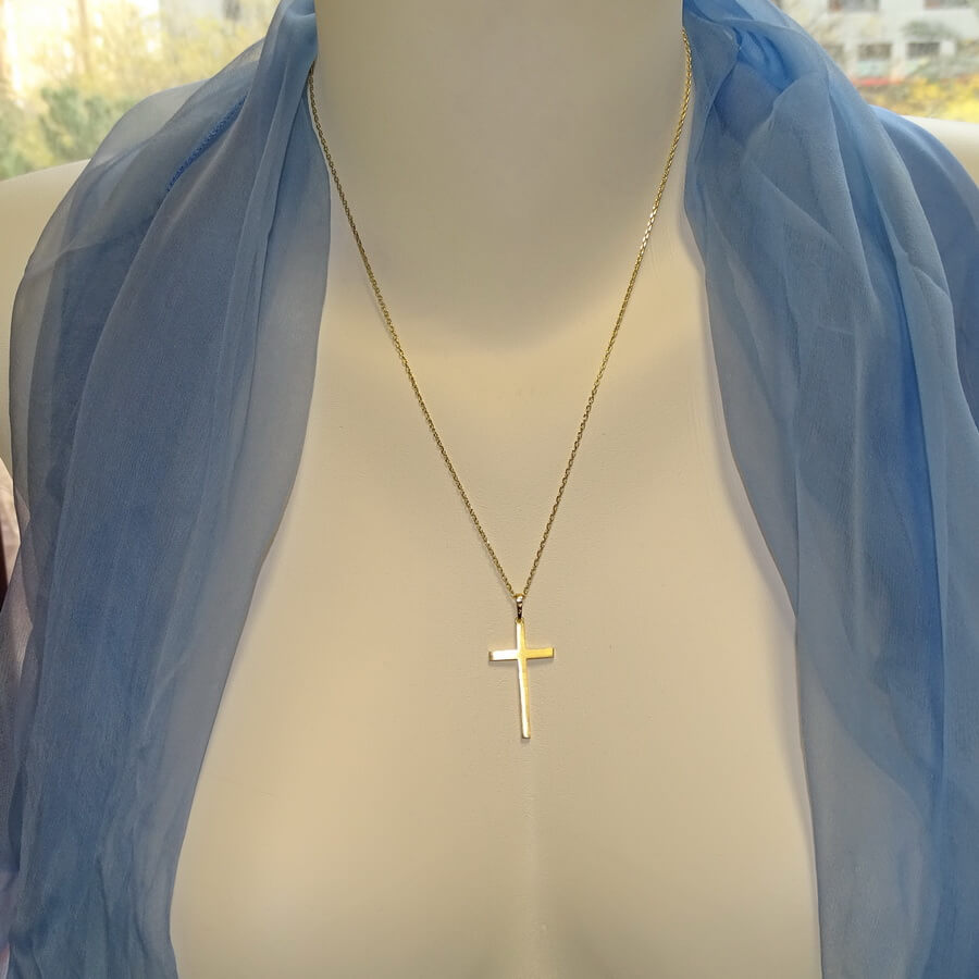 Cruz de Oro 18k Mediana con Cadena Forzada 50 cm – Reversible Mate y Brillo – Comunión Hombre Mujer – 3,10 g - Imagen 2