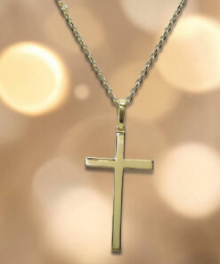 Cruz de Oro 18k Mediana con Cadena Forzada 50 cm – Reversible Mate y Brillo – Comunión Hombre Mujer – 3,10 g