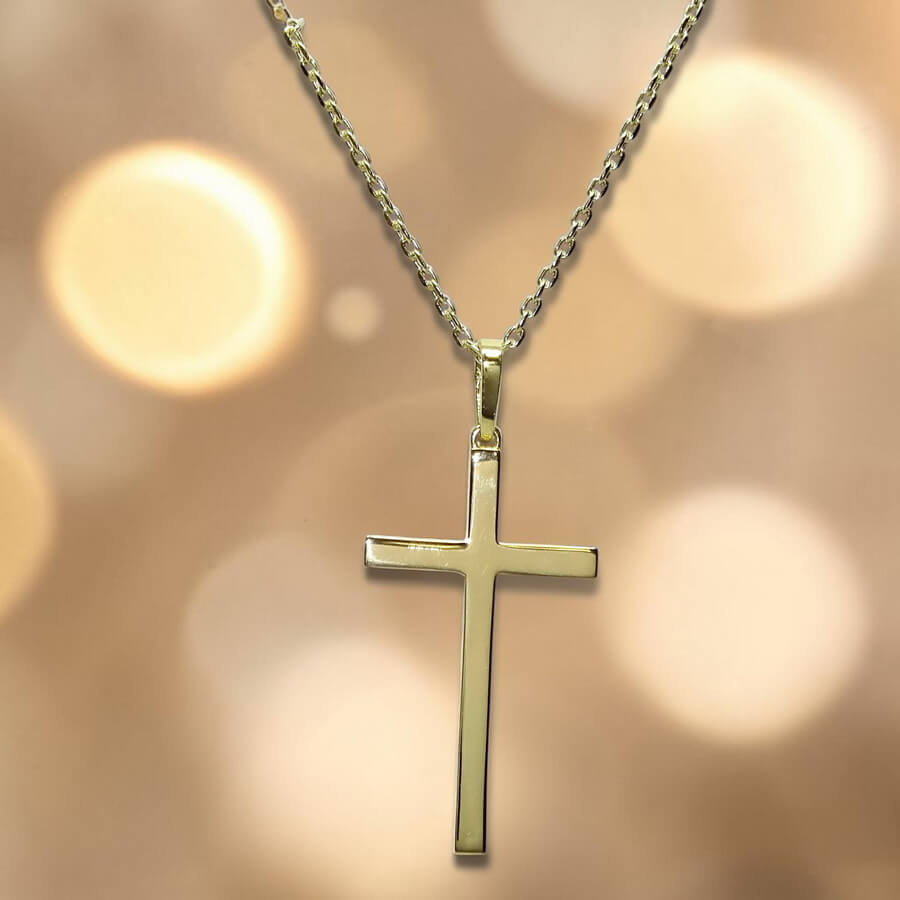 Cruz de Oro 18k Mediana con Cadena Forzada 50 cm – Reversible Mate y Brillo – Comunión Hombre Mujer – 3,10 g